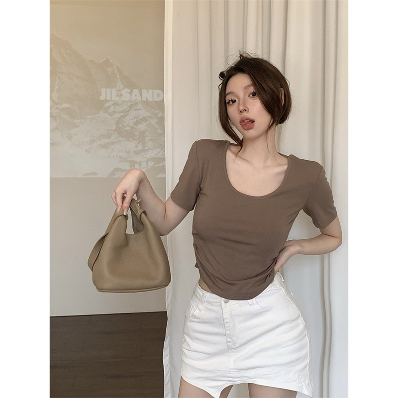 官圖 6535拉架棉 辣妹白色u領短袖T恤女夏季露背性感小心機