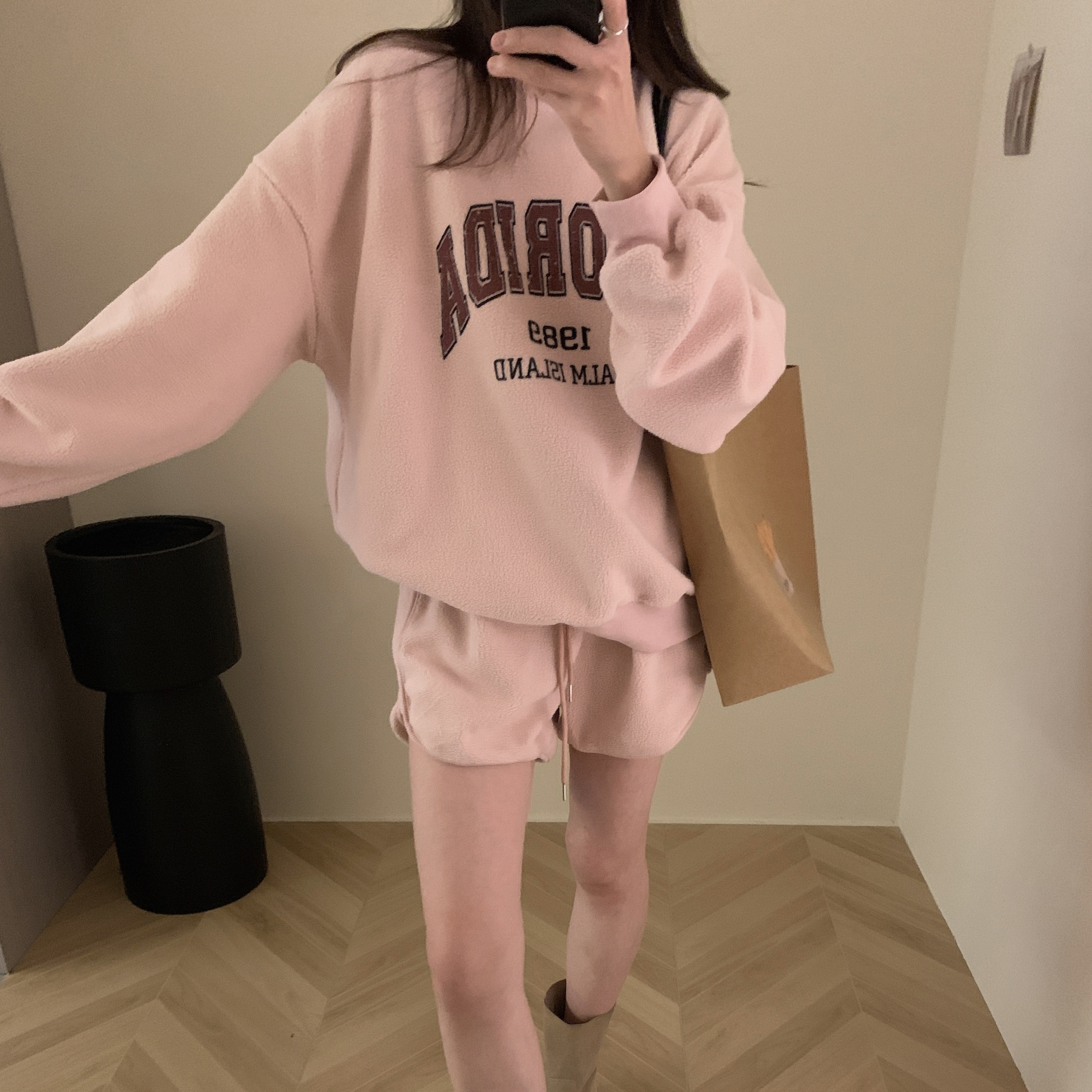 實拍  美式復古辣妹  字母印花 加絨加厚 休閒百搭 時尚套裝