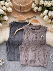 ~High Street Retro Distressed Sleeveless Vest Women's Short Slim High Waist Navel Navel Hot Girl Top Summer