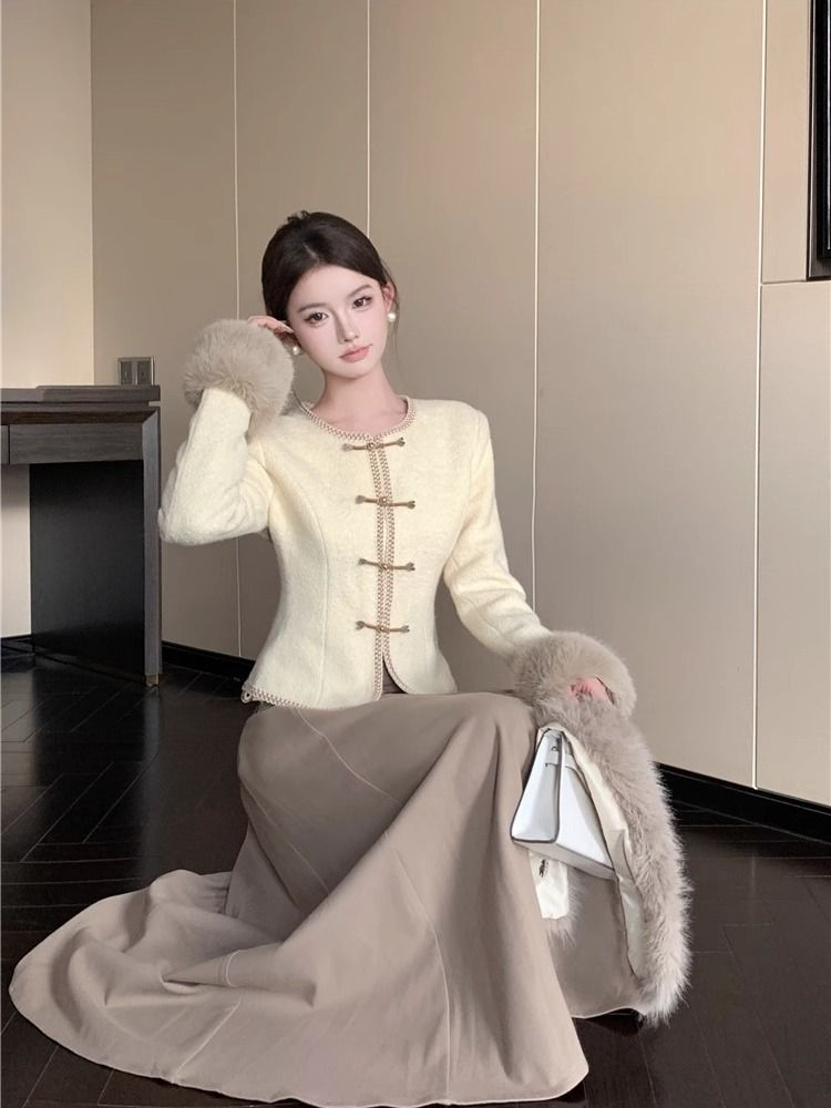 新中式設計感毛毛拼接長袖外套半身長裙女秋冬2023新款時尚兩件套