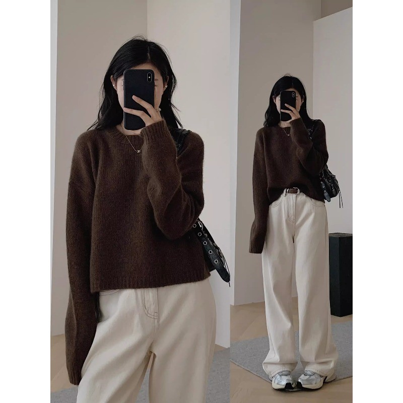 浣熊絨毛衣女2023秋冬新款韓系美拉德軟糯短款圓領長袖針織衫上衣