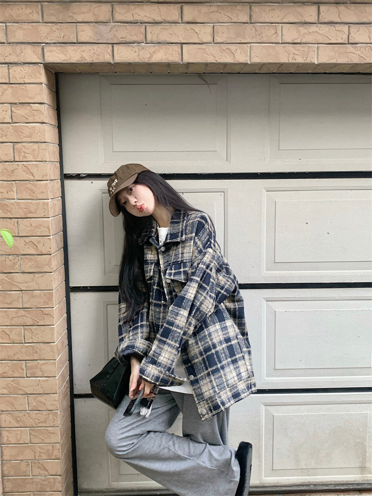 Real shot American retro plaid wool versatile loose slim long-sleeved jacket