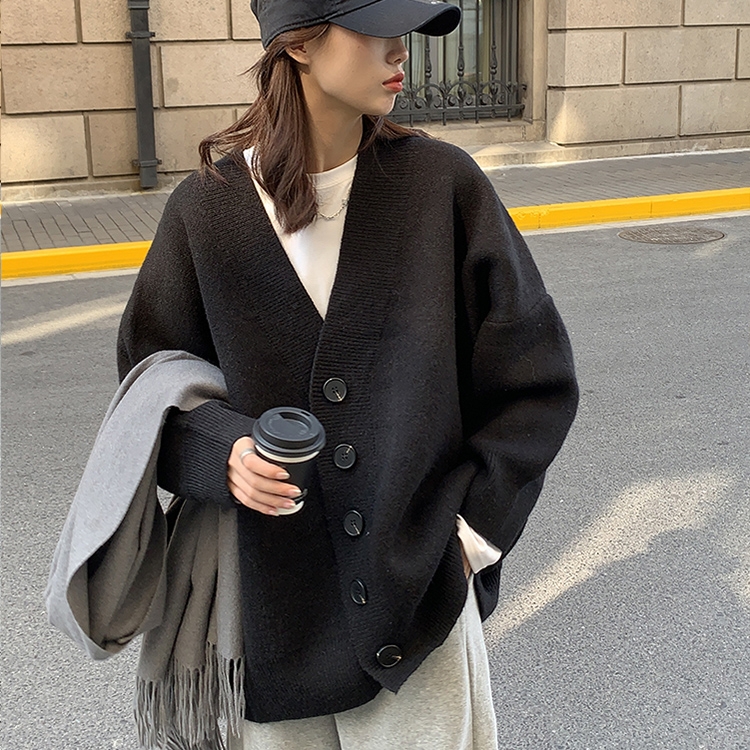 復古日系慵懶風冬季外穿新款黑色女士毛衣針織衫開衫外套秋冬