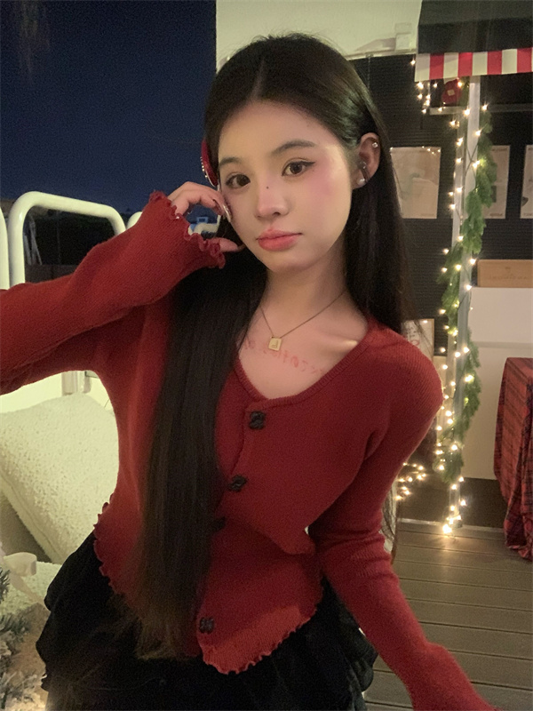 實拍   溫柔風新年紅色蝴蝶結針織衫+黑色蛋糕短裙套裝女