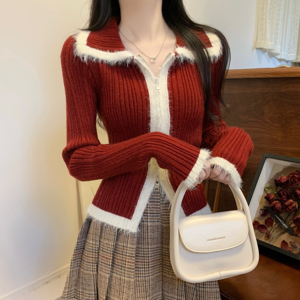 本命年紅色聖誕毛絨針織開衫女秋冬修身內搭收腰雙拉鏈毛衣打底衫