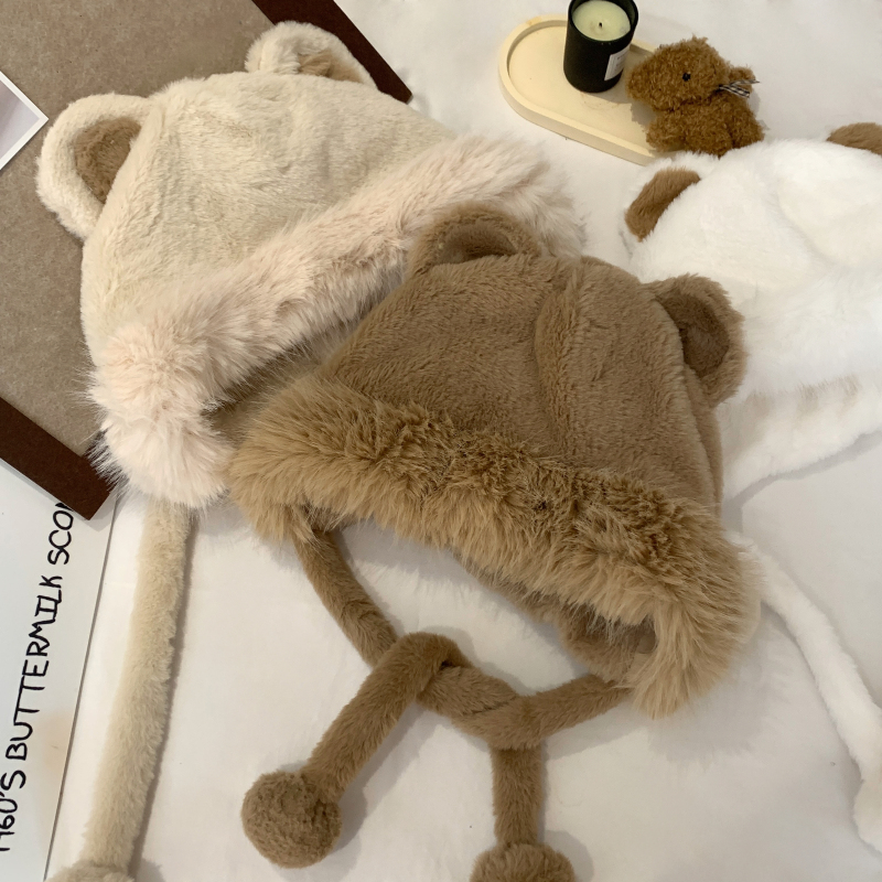 Actual shot of Korean version of cute bear ears plush hat for women, versatile ear-protecting toe-cap, thickened and warm toe-cap