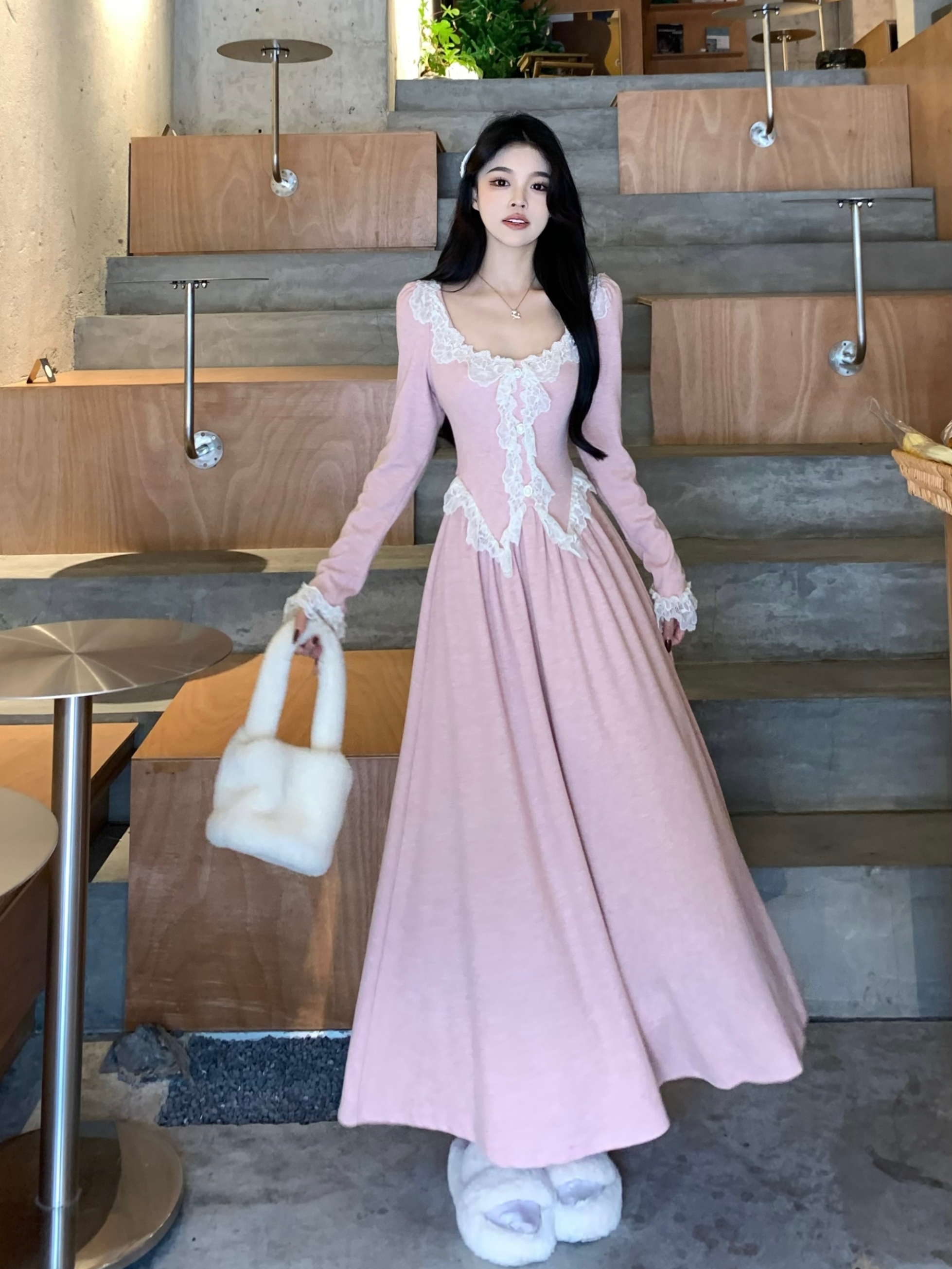 實拍~  甜美減齡氣質蕾絲花邊拼接顯瘦百搭設計感中長內搭連衣裙