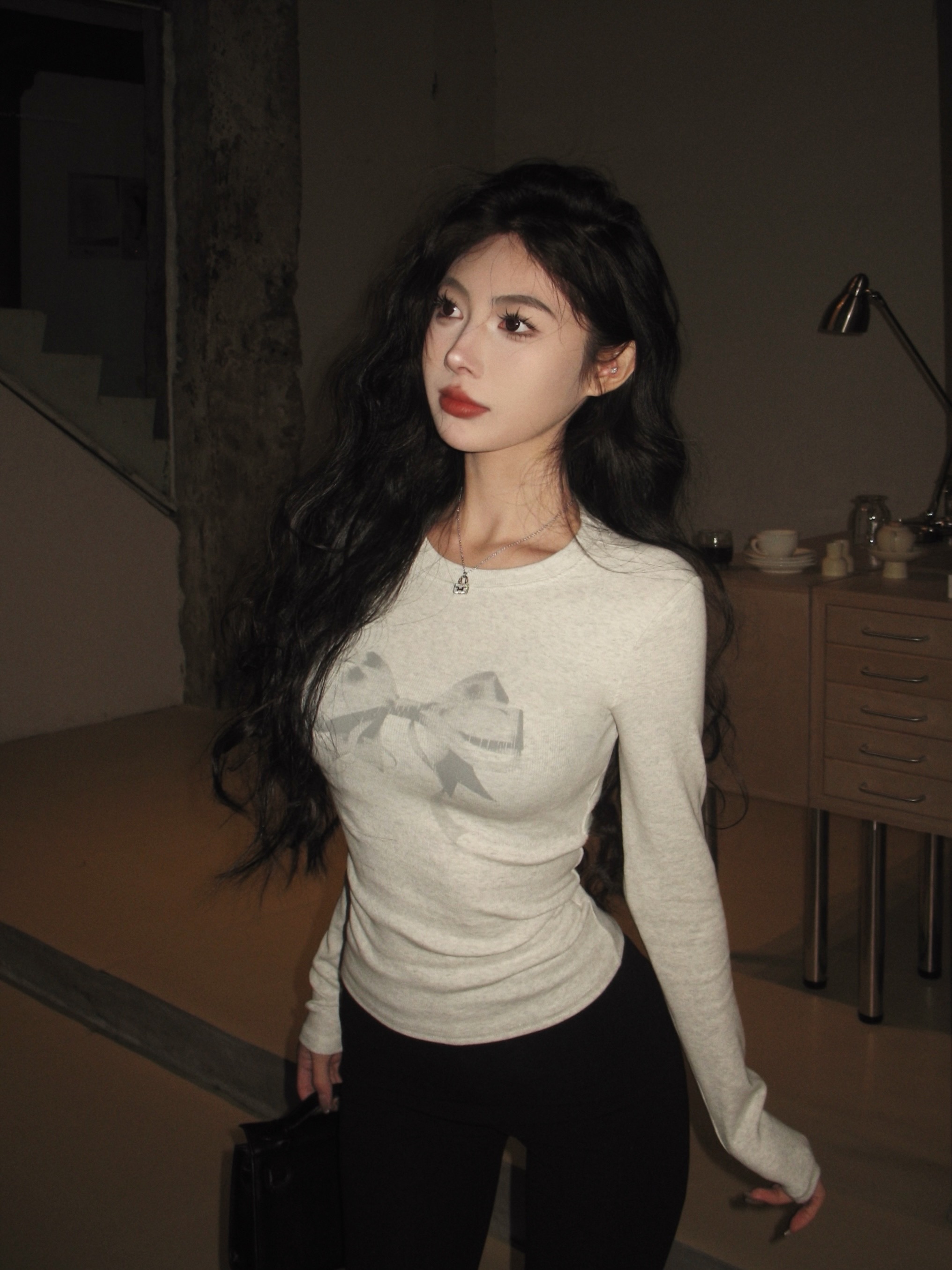 Real shot of sweet girly bow printed short long sleeve round neck T-shirt pure desire slim fit top