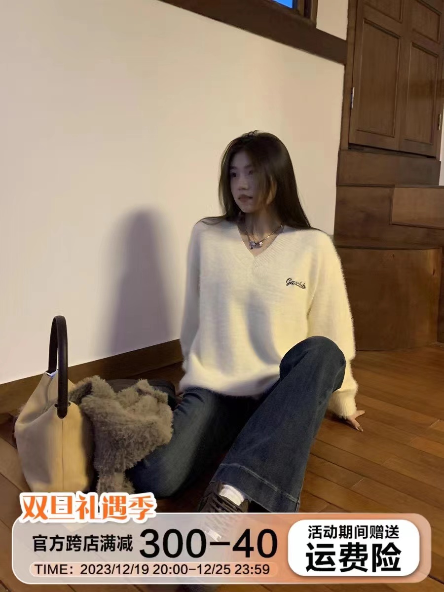 美式慵懶寬鬆V領馬海毛毛衣2023新款秋冬男女仿水貂毛針織衫