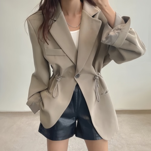 Korean chic spring and autumn French retro style suit collar drawstring jacket women's waist slimming one-button suit jacket