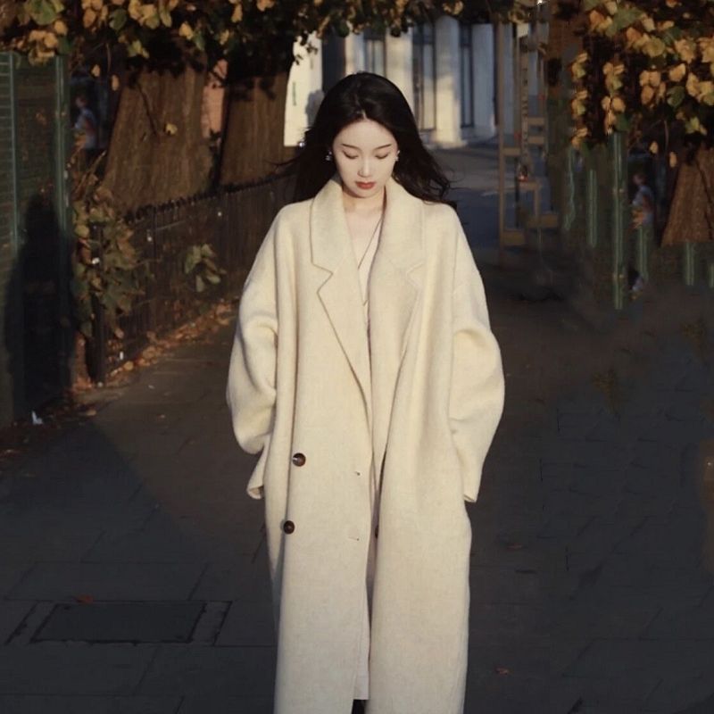 New double-sided woolen coat for women, Korean style backgammon fabric, loose and versatile long woolen coat