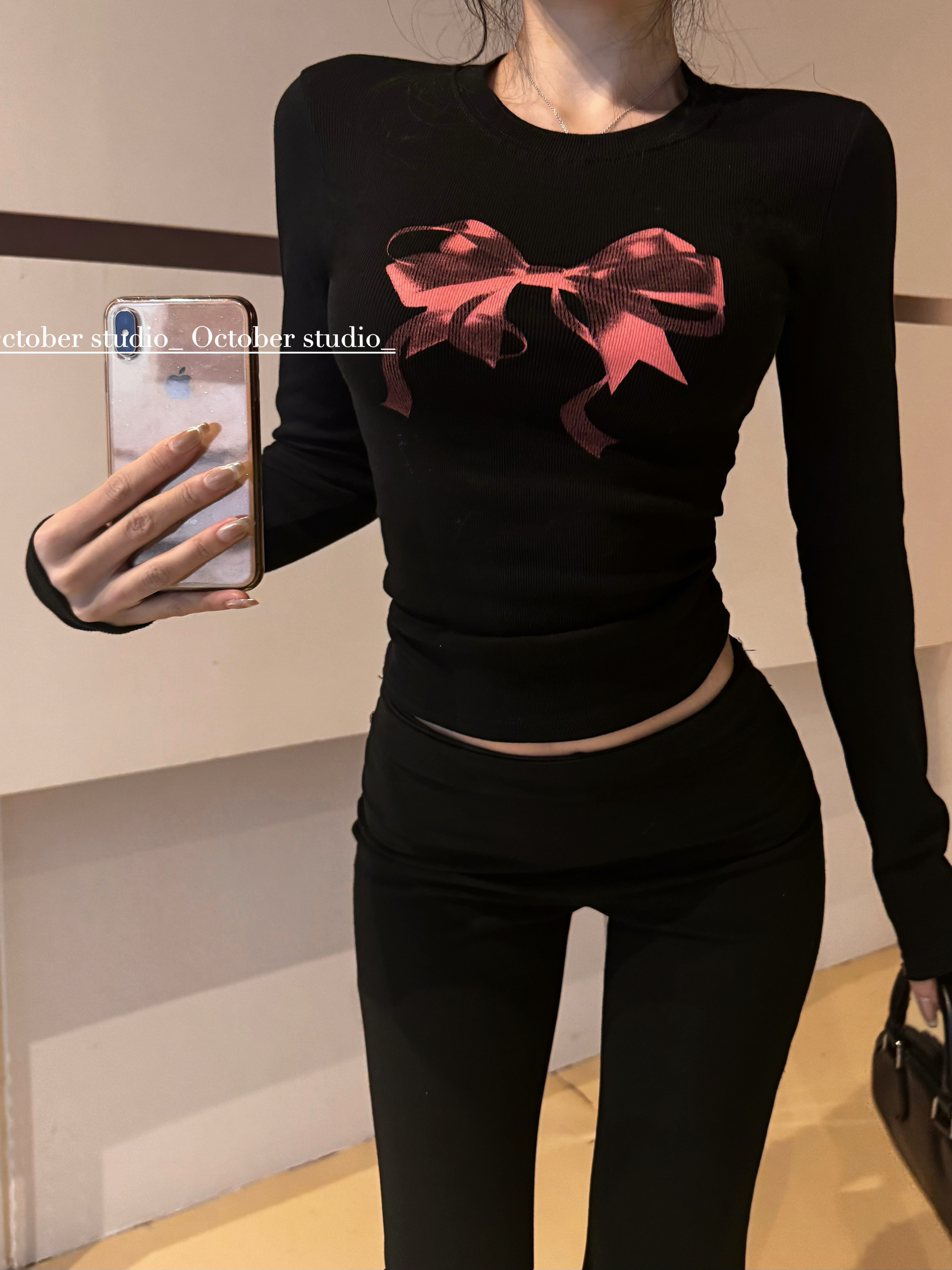 Real shot of sweet girly bow printed short long sleeve round neck T-shirt pure desire slim fit top