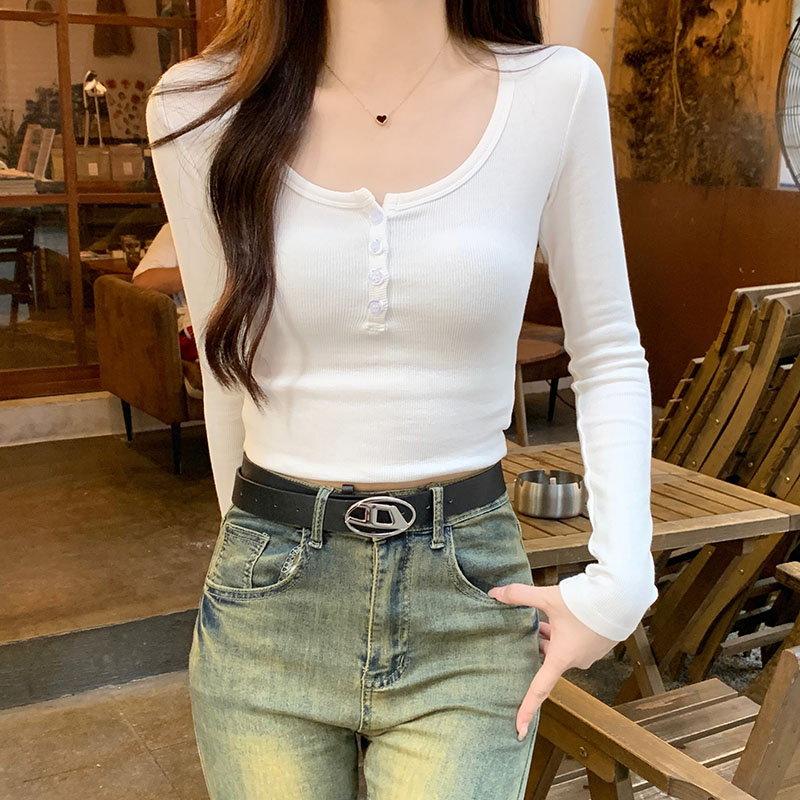 Pure Desire Gray U Neck Collarbone T-shirt Women's Right Shoulder Long Sleeve Autumn Slim Sweet and Spicy Niche Half Open Collar Versatile Bottoming Shirt