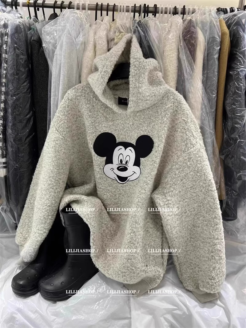 羊羔絨複合真超2023秋冬連帽刺繡米奇加厚加絨羊羔絨衛衣