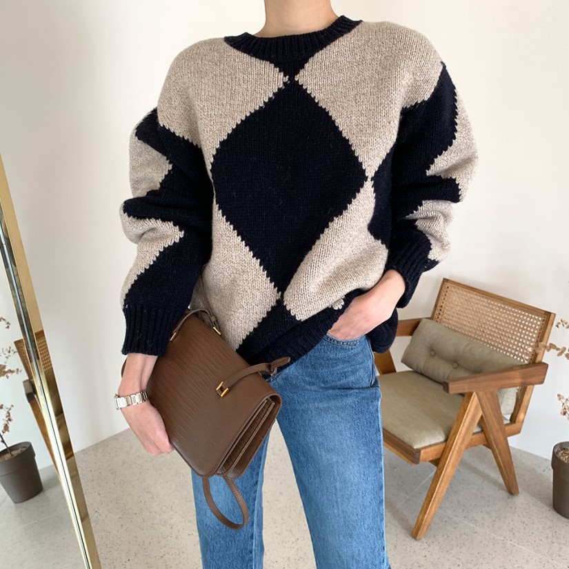 韓國chic 撞色 菱形 厚實保暖毛衣外穿