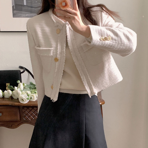 Korean style chic spring and autumn French style round neck single-breasted loose casual versatile long-sleeved tweed short coat