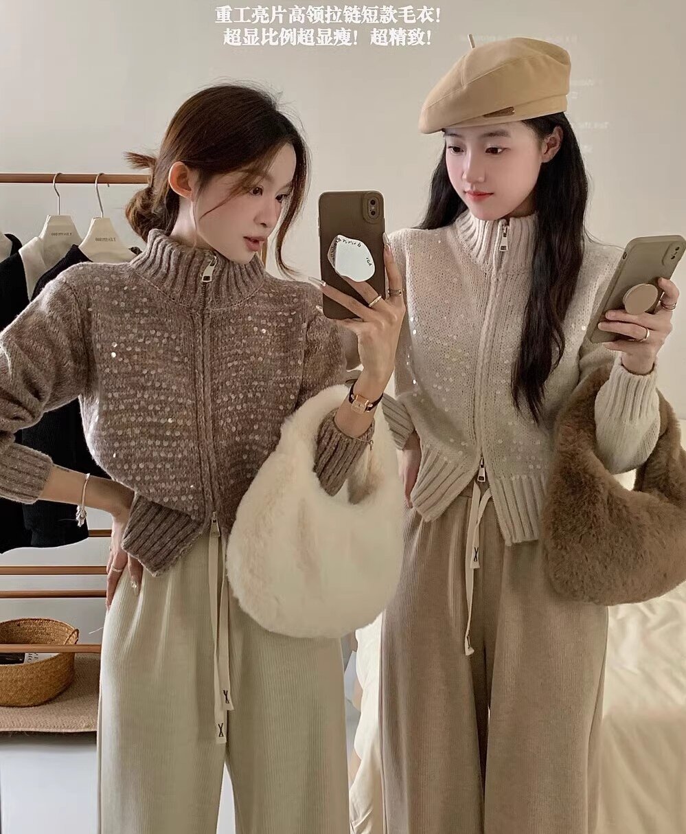 Korean high-end design sequined thickened stand-up collar slim double-headed zipper sweater for women winter all-match knitted cardigan