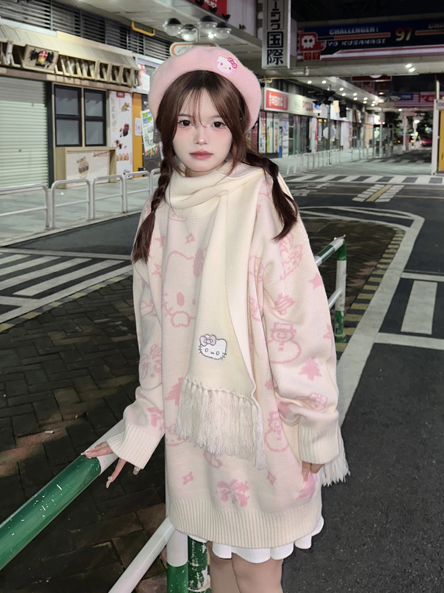 小杭還沒吃飽原創國潮卡通凱蒂貓毛衣秋冬寬鬆圓領針織衫慵懶情侶