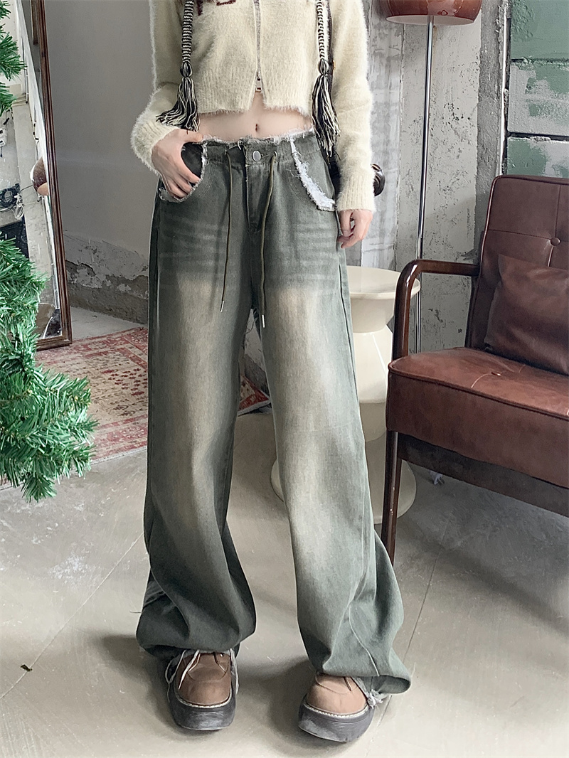 Real shot~Niche design drawstring retro casual pants women's high street washed raw edge wide leg jeans