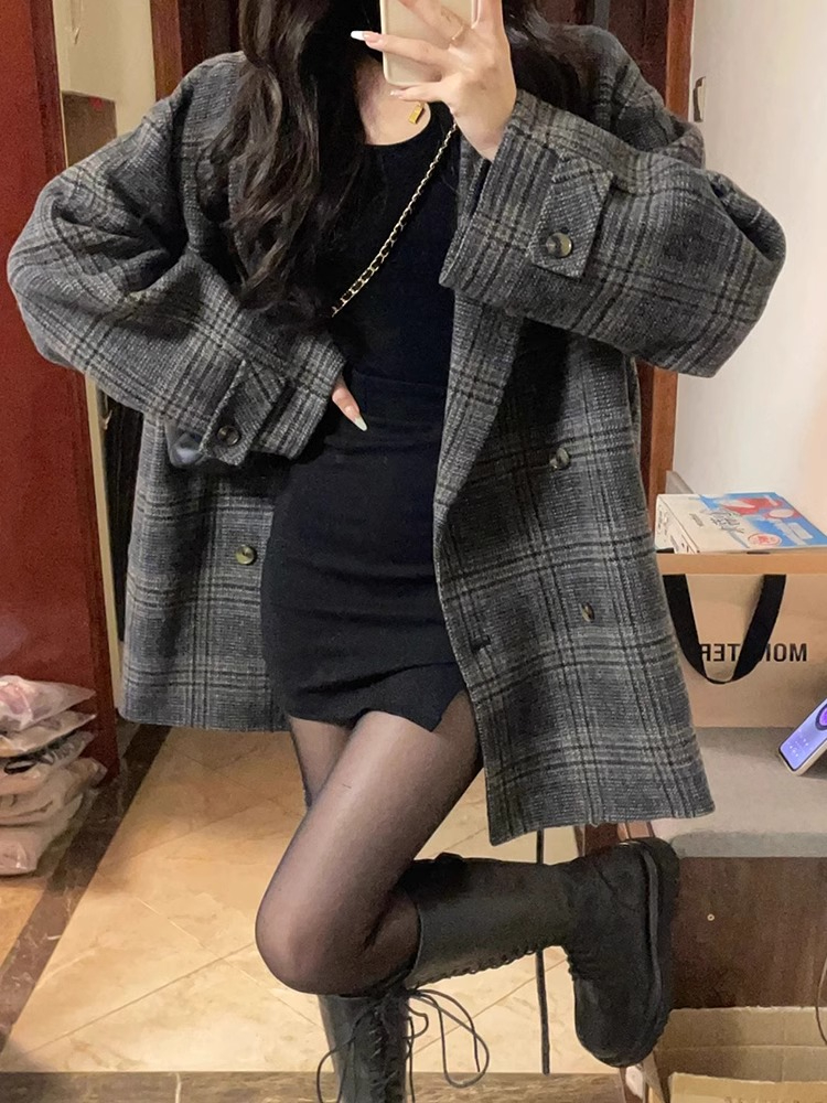 Short woolen coat for women 2023 new autumn and winter plaid woolen coat high-end thickened suit Korean style