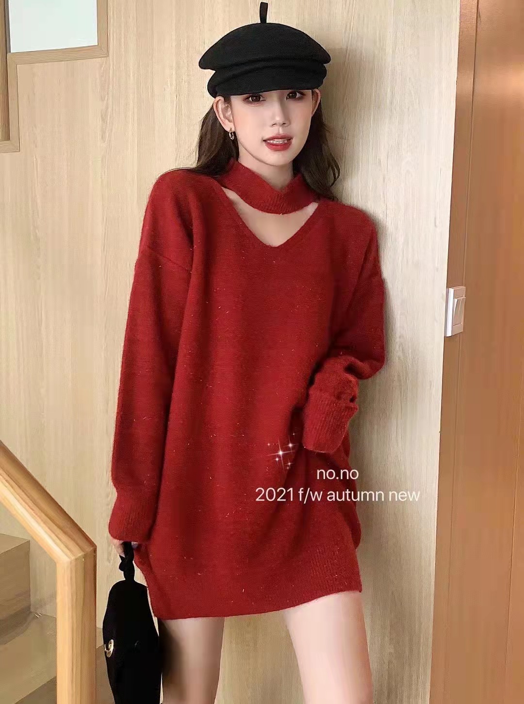 紅色掛脖毛衣新年新款女裝冬季中長款復古慵懶風設計感小眾
