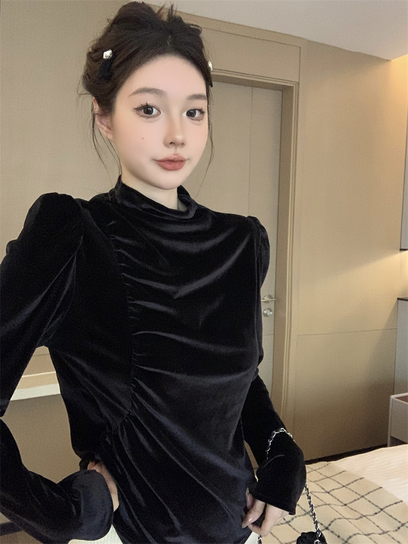 實拍  法式優雅立領堆堆褶皺絲絨t恤女秋冬復古泡泡袖上衣