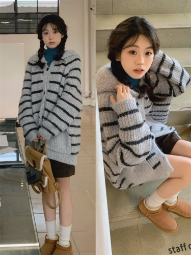 Real shot of lazy ins style soft thickened hooded cashmere gray striped knitted sweater jacket
