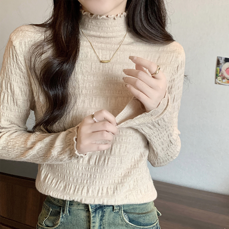 實拍韓系半高領長袖針織衫女秋冬內搭軟糯毛衣木耳邊打底衫