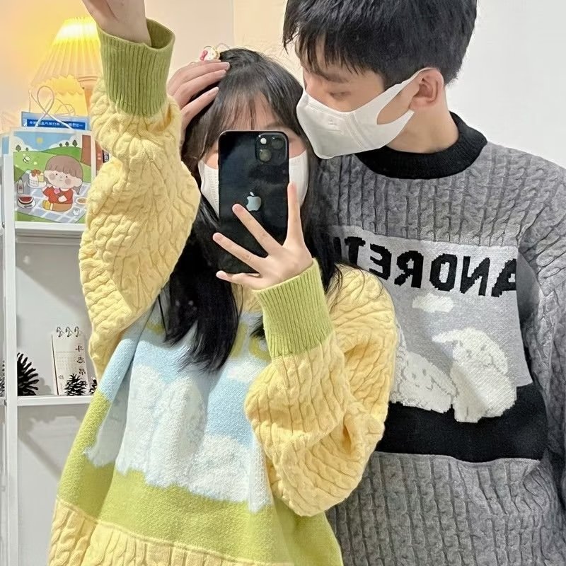 日系軟糯可愛小兔子拼接學院風毛衣女秋冬奶fufu的寬鬆慵懶針織衫