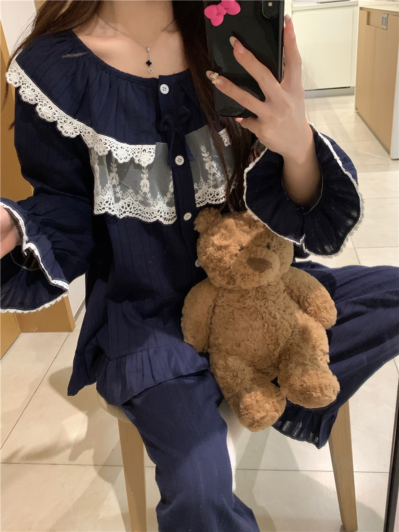 Real shot of Korean style sweet lace doll collar loose cotton jacquard spring and autumn long-sleeved trousers home wear suit