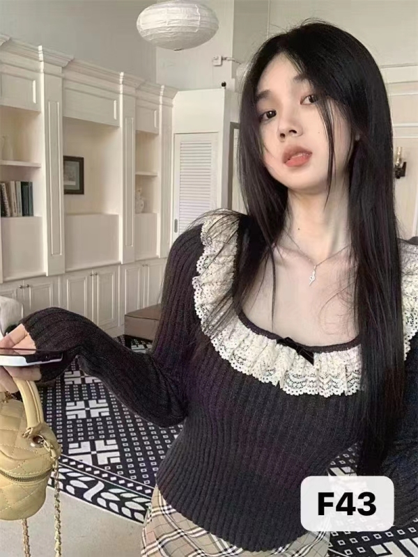 蕾絲花邊蝴蝶結長袖方領針織衫女秋冬季純欲修身短款內搭打底毛