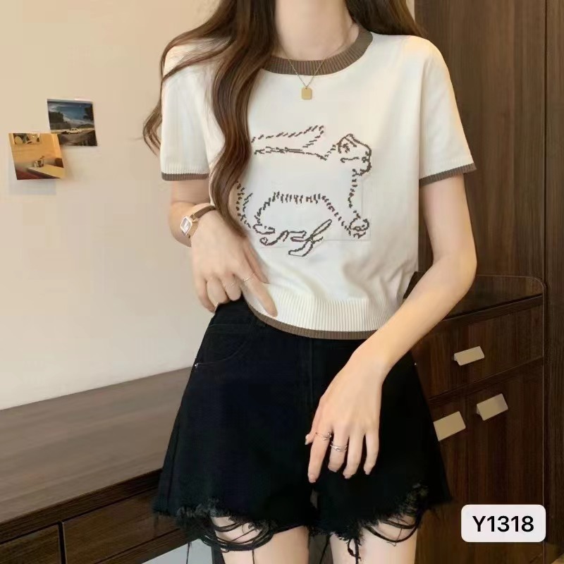 新款韓版小清新圓領貓咪提花拼色百搭短袖上衣女