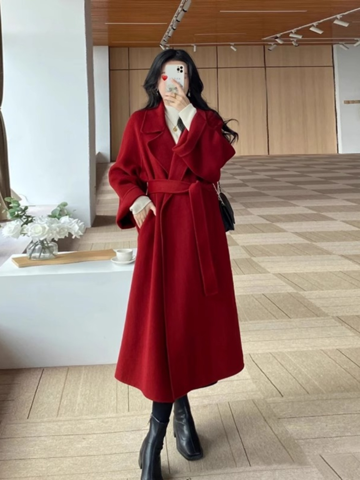 Red woolen coat women's mid-length 2023 autumn and winter new style loose high-end woolen coat