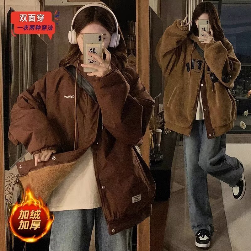 Reversible baseball uniform lamb wool jacket for women 2023 winter new style American retro hooded jacket jacket