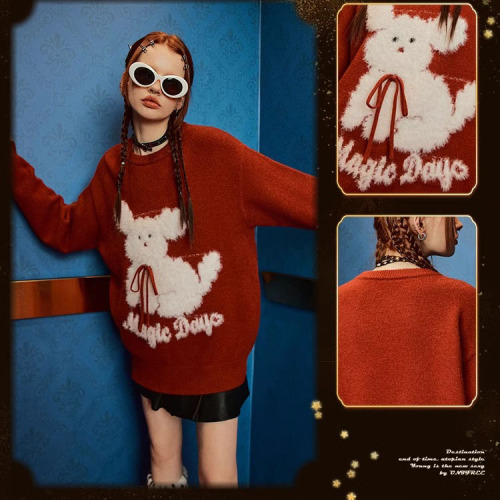 插画师联名UNIFREE红色毛衣女圣诞慵懒可爱学院新年针织上衣