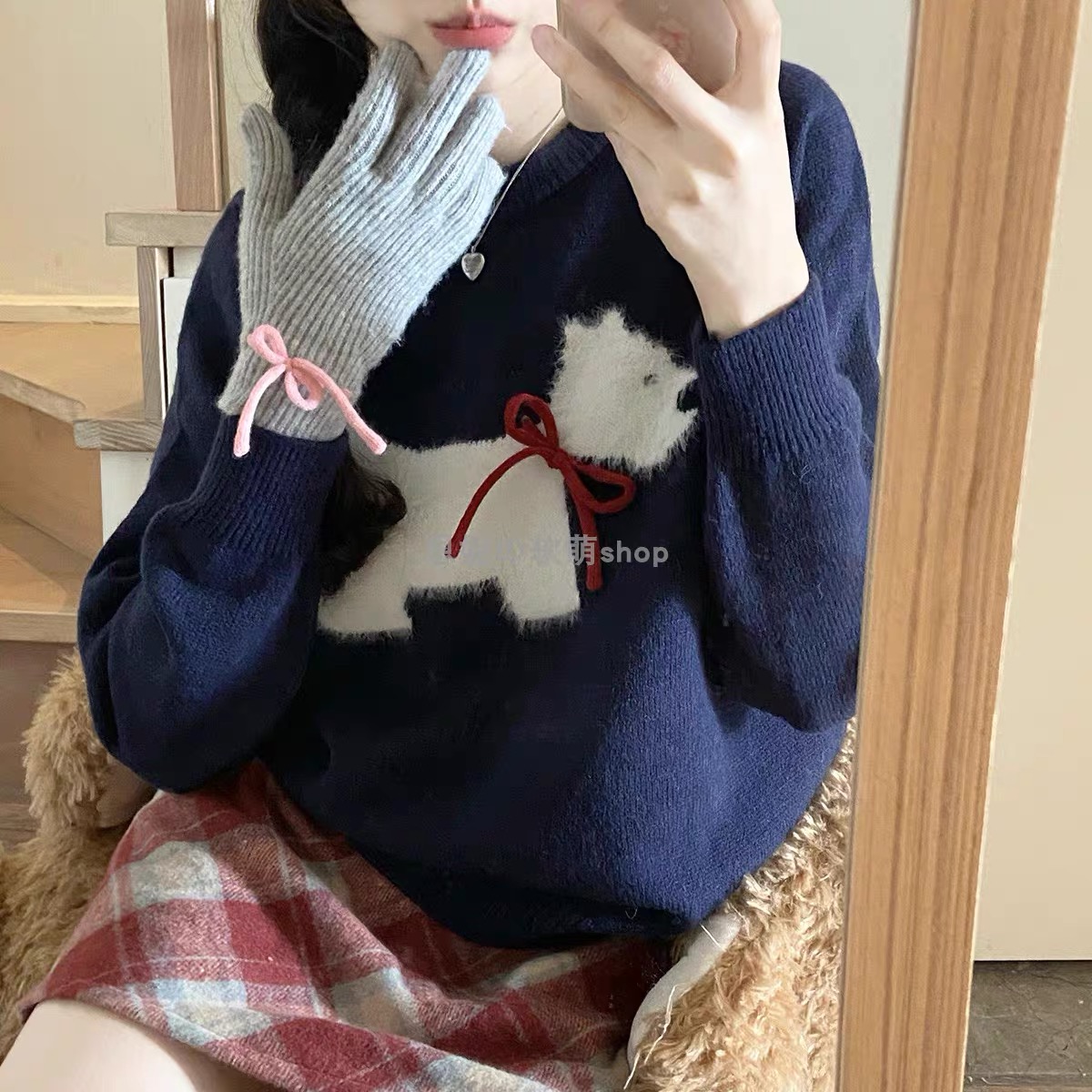 蝴蝶結小狗~新年聖誕可愛套頭毛衣慵懶風圓領針織衫減齡上衣春季