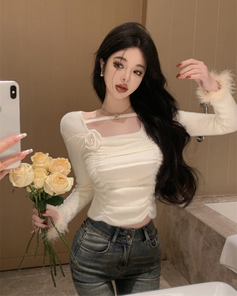 Actual shot of Autumn and Winter pure lust hottie square collar furry stitching pleated imitation mink fur bottoming long-sleeved sweater