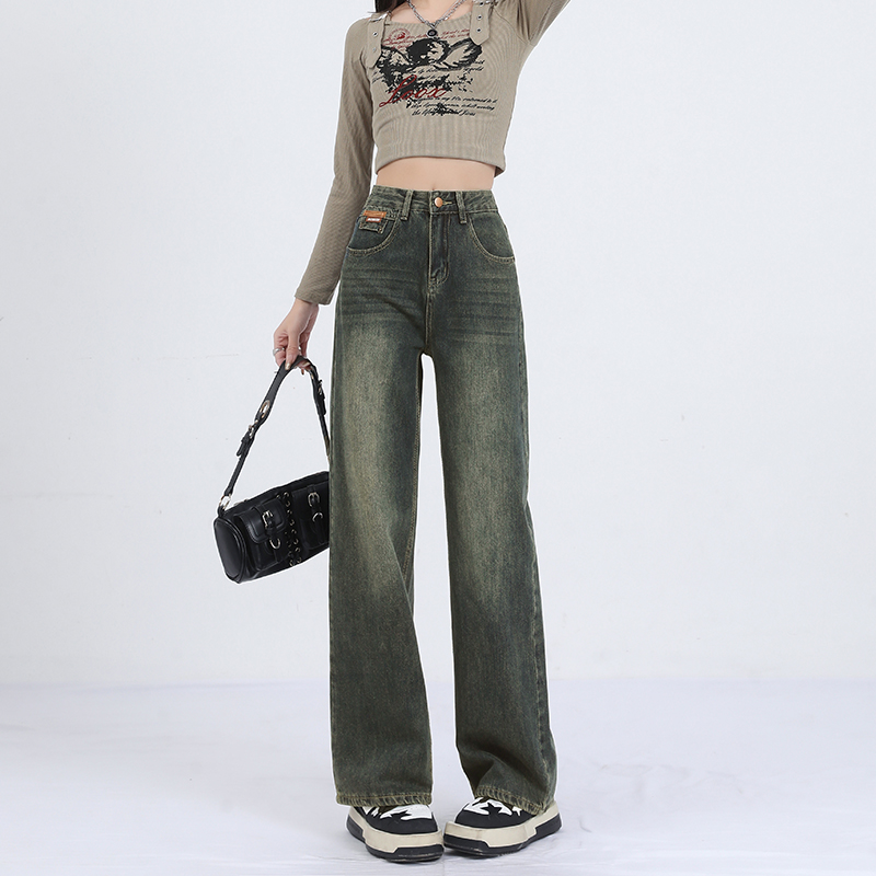 實拍高腰闊腿牛仔褲女2024新款春季顯瘦寬鬆窄版直筒拖地褲子
