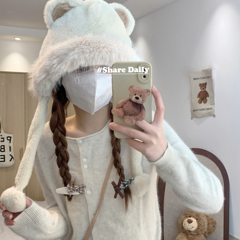 實拍 韓版可愛小熊耳朵毛絨帽女百搭護耳包頭加厚保暖包頭帽
