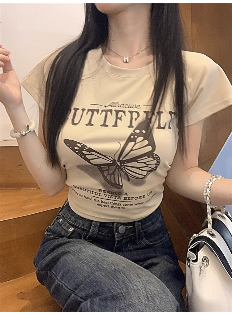 官圖 6535拉架棉 復古蝴蝶印花短袖T恤女夏季小心機後背鏤空