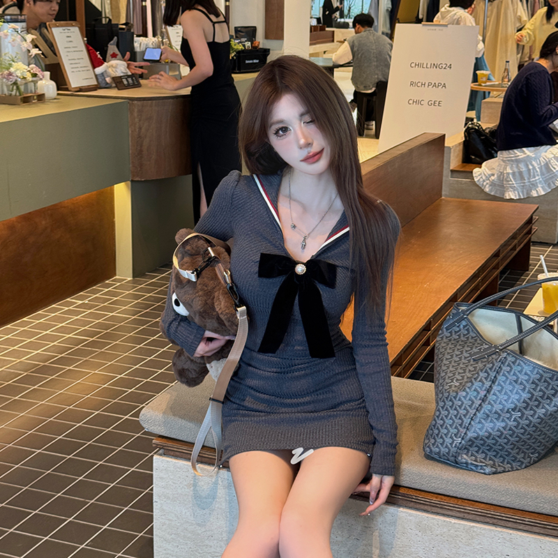 韓系女高辣妹連衣裙氣質顯瘦修身包臀裙學院純欲設計感長袖裙子