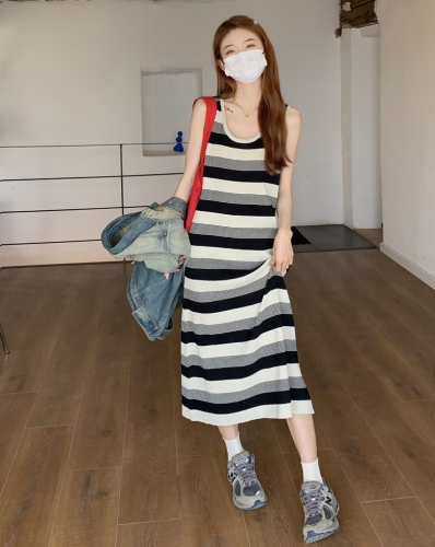 Real shot Spring~2024 Korean style contrast striped vest dress casual slimming knitted skirt