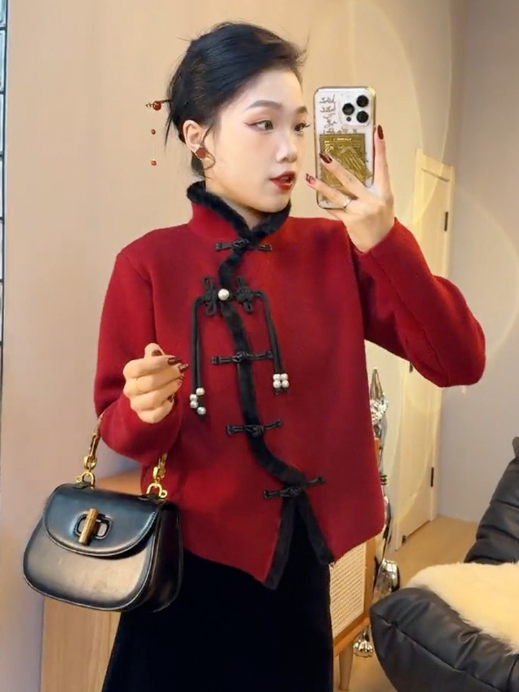 新中式紅色盤扣毛毛立領毛衣女秋冬新款設計感慵懶風超好看的上衣