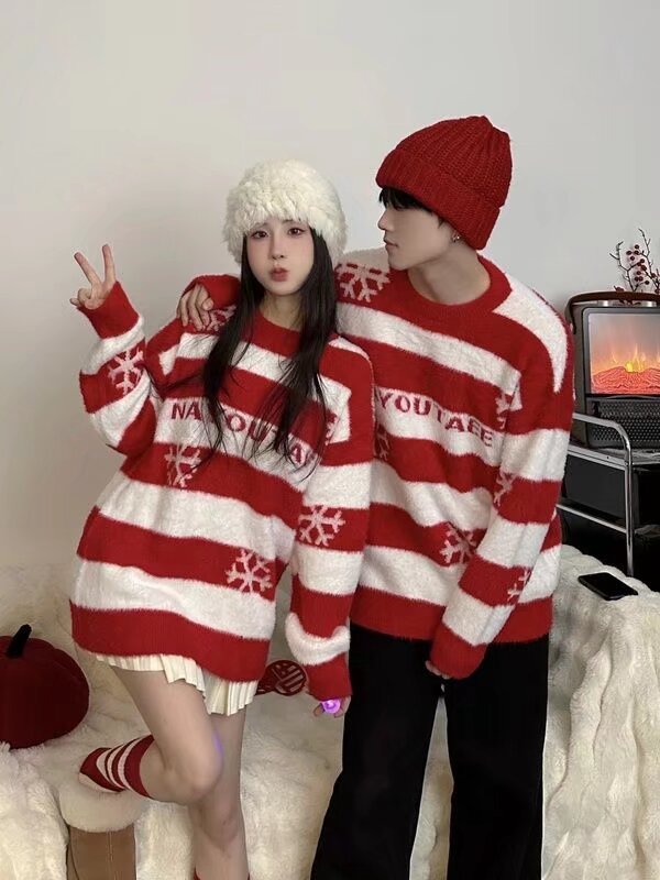 聖誕節情侶裝冬季ins超火復古條紋圓領毛衣男女加厚高級感針織衫