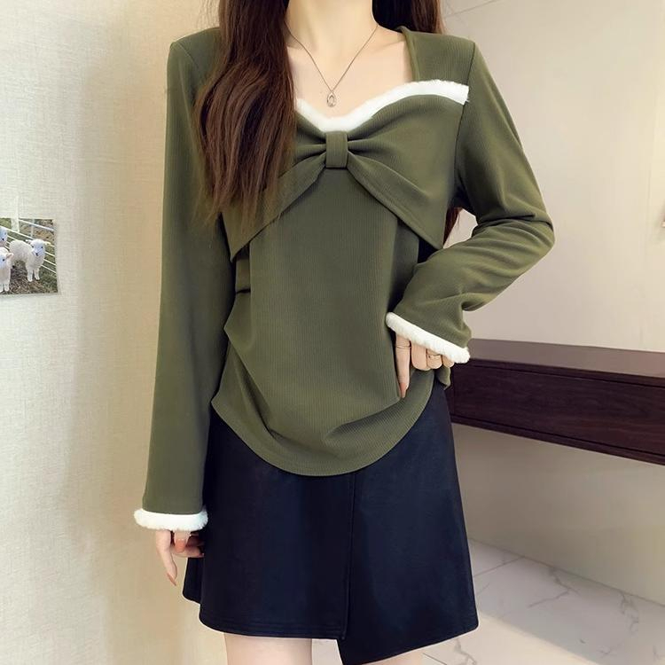 Derong Pure Desire Hot Girl Green Bow Long Sleeve T-shirt Women's Autumn New Slim Fit Short T-shirt Top