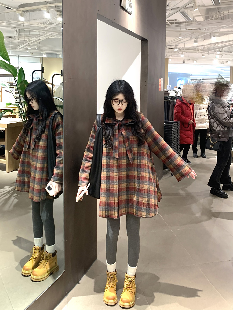 實拍~秋冬韓版復古中長款格子毛呢外套小個子斗篷呢子大衣