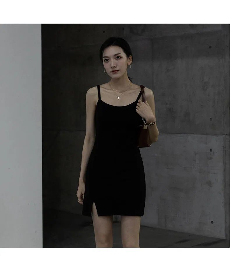 黑色開叉吊帶裙女法式性感短裙修身顯瘦打底裙a字氣質吊帶連衣裙