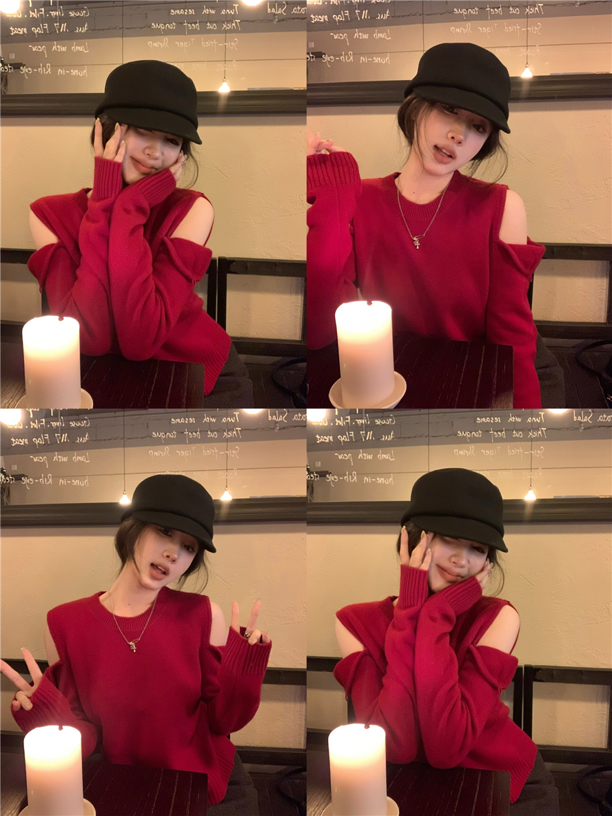 實拍  氛圍羊毛兩穿露肩毛衣女冬季保暖圓領上衣