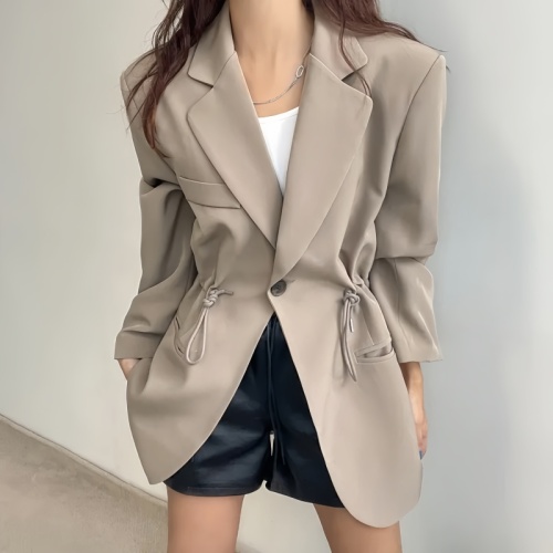 Korean chic spring and autumn French retro style suit collar drawstring jacket women's waist slimming one-button suit jacket