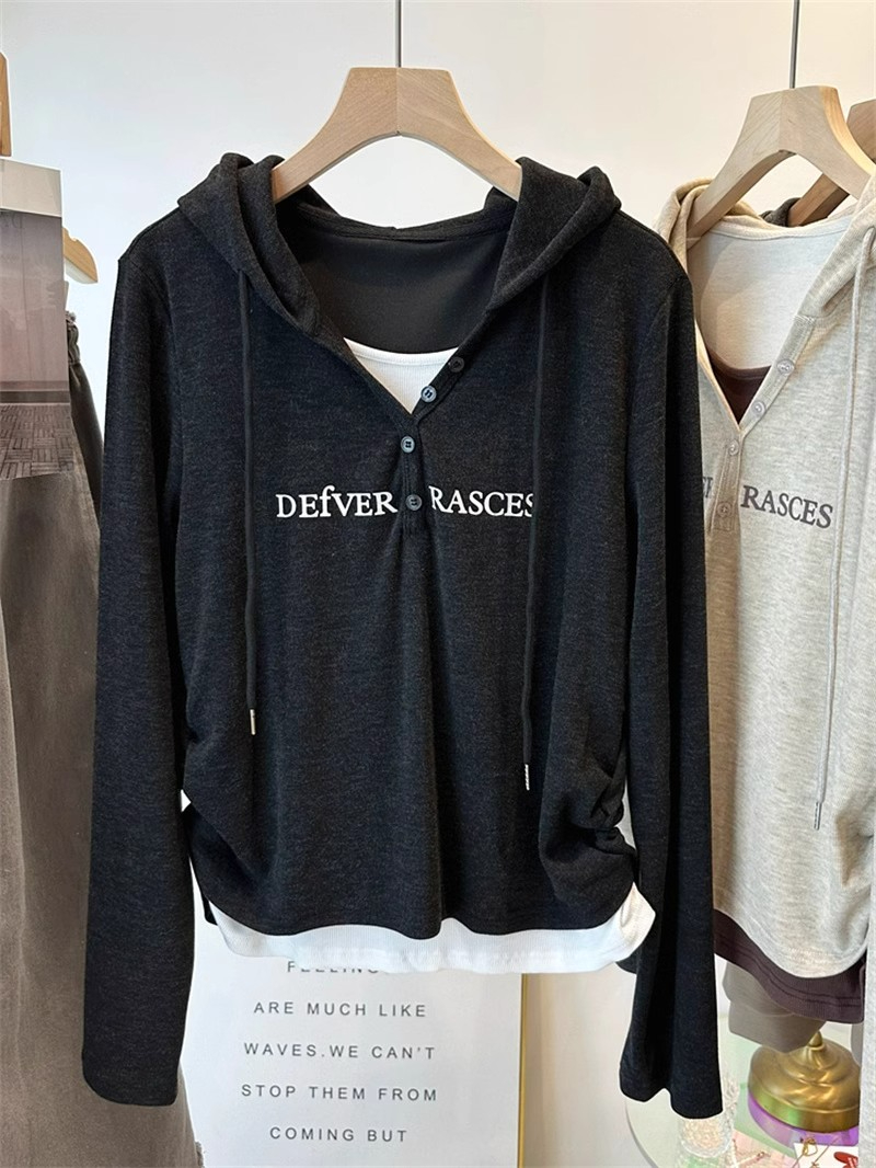2023 Autumn and Winter Bottoming Fake Two-Piece Hooded Long Sleeve T-Shirt for Women
